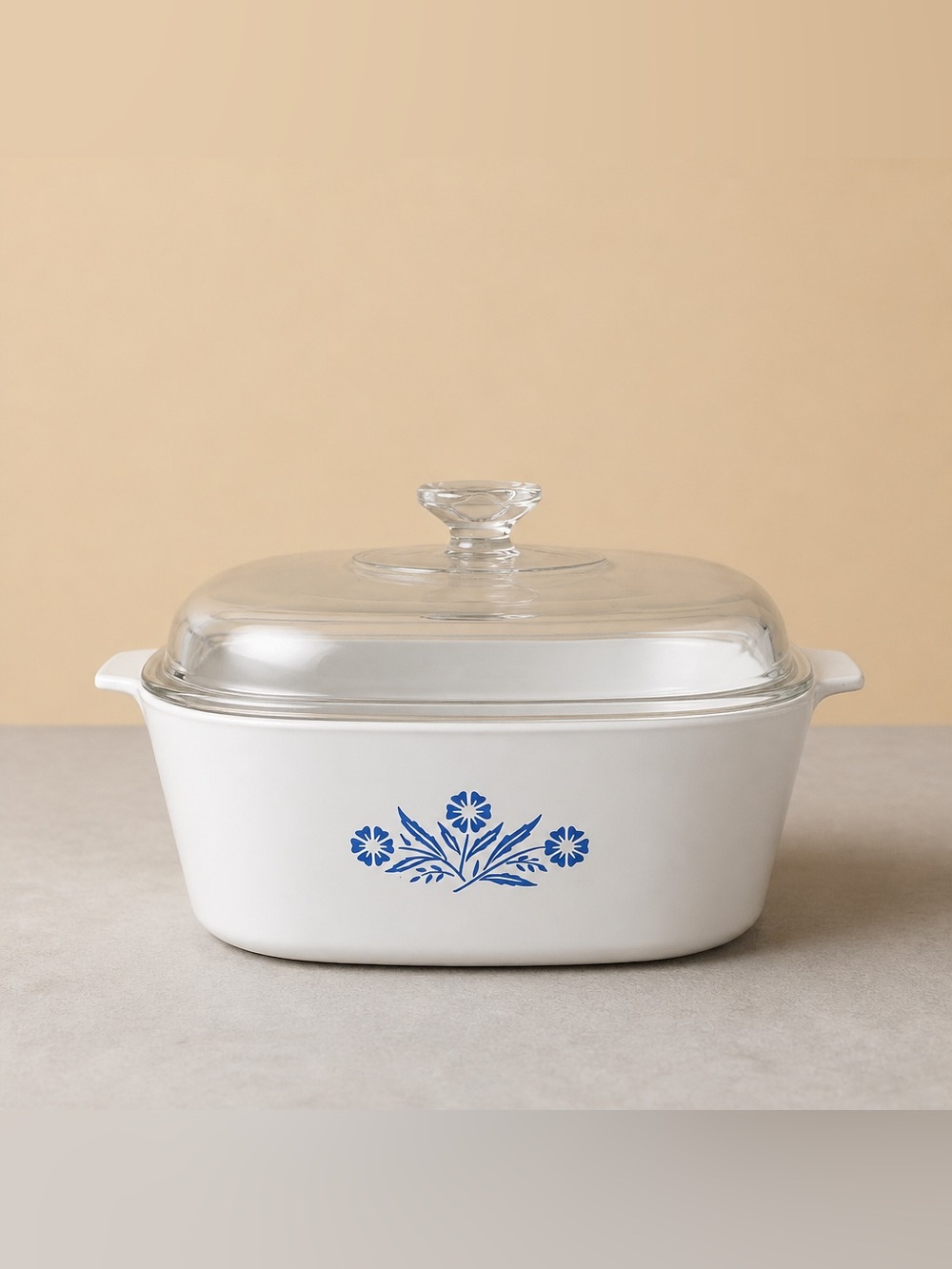 CorningWare casserole dish featuring the iconic Blue Cornflower pattern